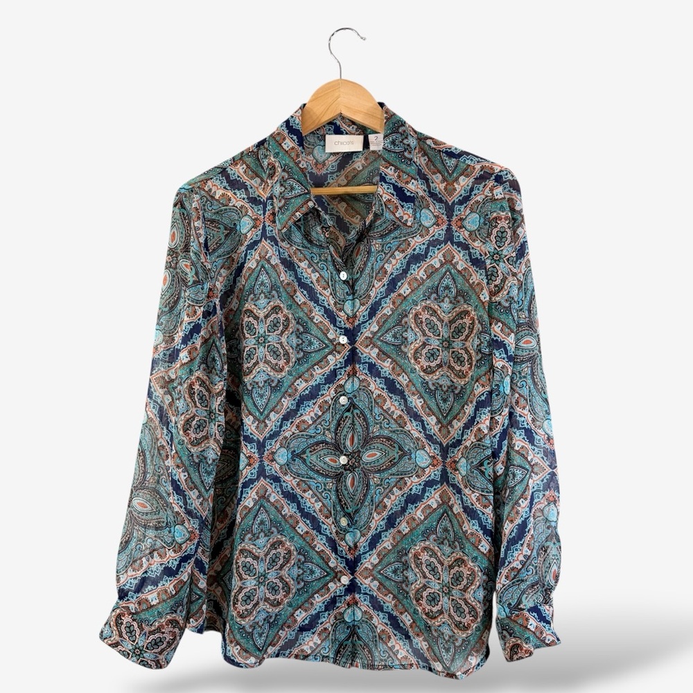 Chico’s Sheer Button Up Blouse Size 2 (US L) Long Sleeve Blue Green Casual